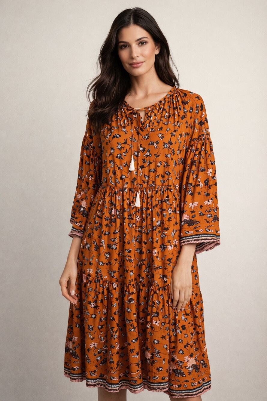 NATALIE MARTIN Golden Yellow Floral Tie Neckline Tassels 100% Silk Dress size S